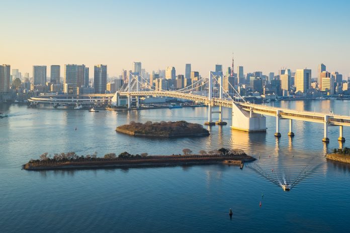 Tokyo skyline with Tokyo harbor in Japan