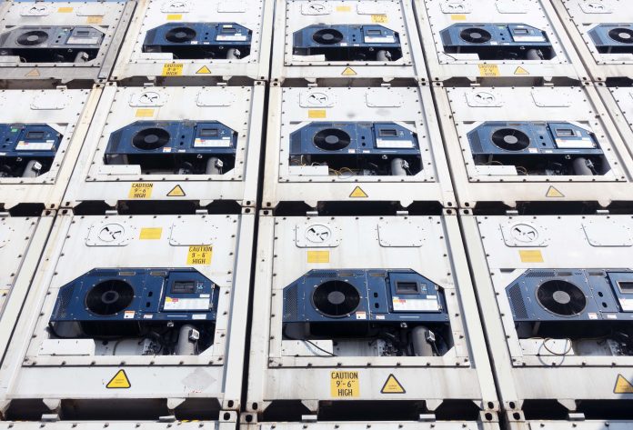 Reefer container shipping equipment are stacking on yard for logistics, shipping, transport, import & export. Reefer container freight